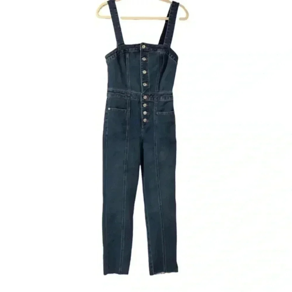Express‎ Medium wash button front slim Jean overalls - Picture 2 of 9